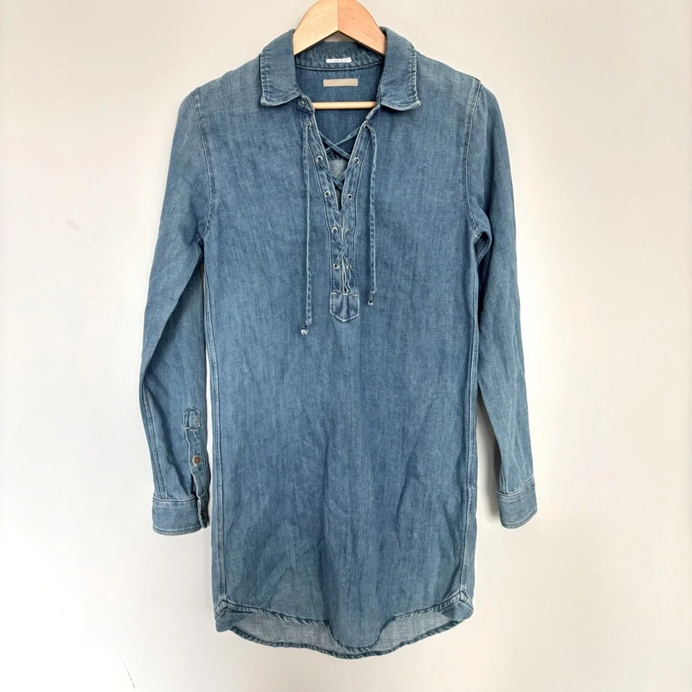 MOTHER Denim The Lace-Up Linen-Blend Shirt Dress Jean Mini Dress Size XS